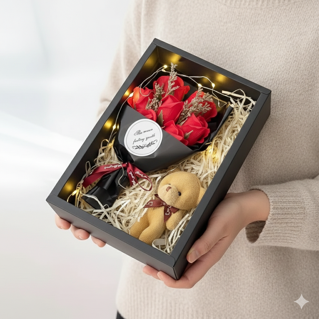 Luxury Love Set, 7 crvenih ruža, meda i LED svetlo 1+1 GRATIS