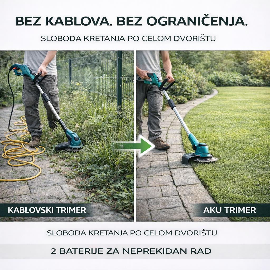 Profesionalni aku trimer za travu sa 2 baterije, trimer sa 3 vrste sečiva i točkićima
