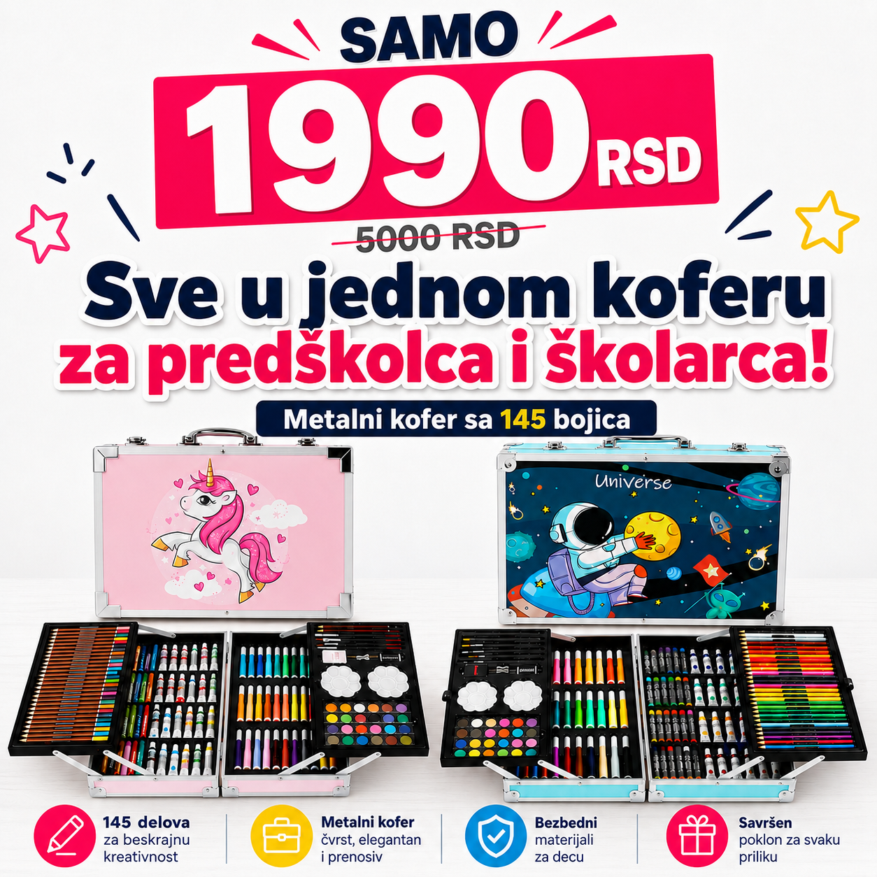 Metalni kofer sa bojicama i flomasterima, set 145 kom