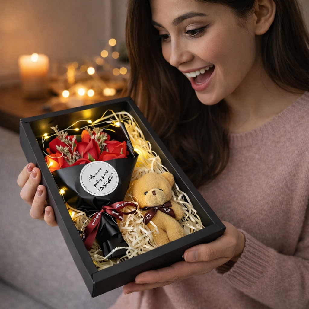Luxury Love Set, 7 crvenih ruža, meda i LED svetlo 1+1 GRATIS