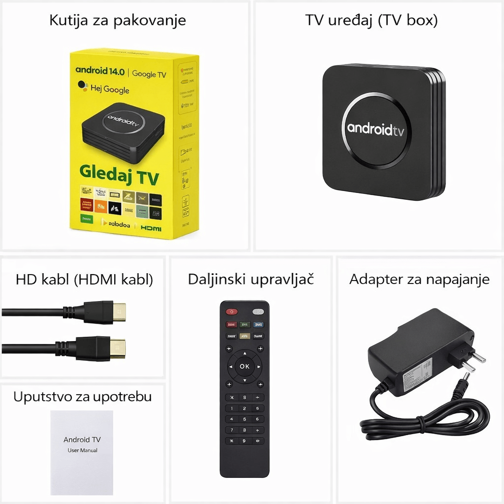 Android TV Box 4K Smart Uređaj sa Daljinskim, HDMI Kablom i Adapterom - Topopusti