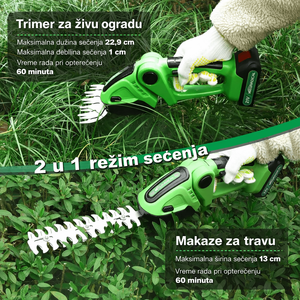 Bežični Trimer za Živu Ogradu i Travu – 2u1 Baštenske Makaze sa 2 Punjive Baterije, Električne Makaze za Travu i Žbunje - Topopusti