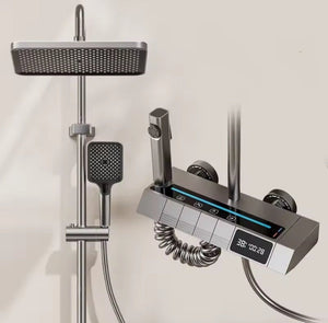 Luksuzni Zidni Tuš Sistem sa Digitalnim Displejom – Kišni + Ručni Tuš, Mat Crna Završna Obrada - Topopusti