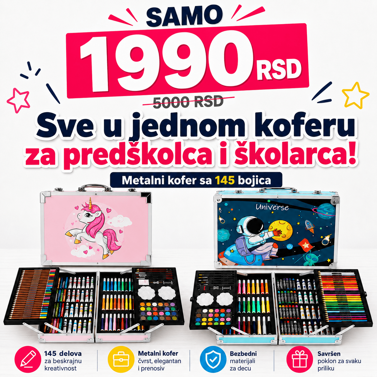 Metalni kofer sa bojicama i flomasterima, set 145 kom - Topopusti
