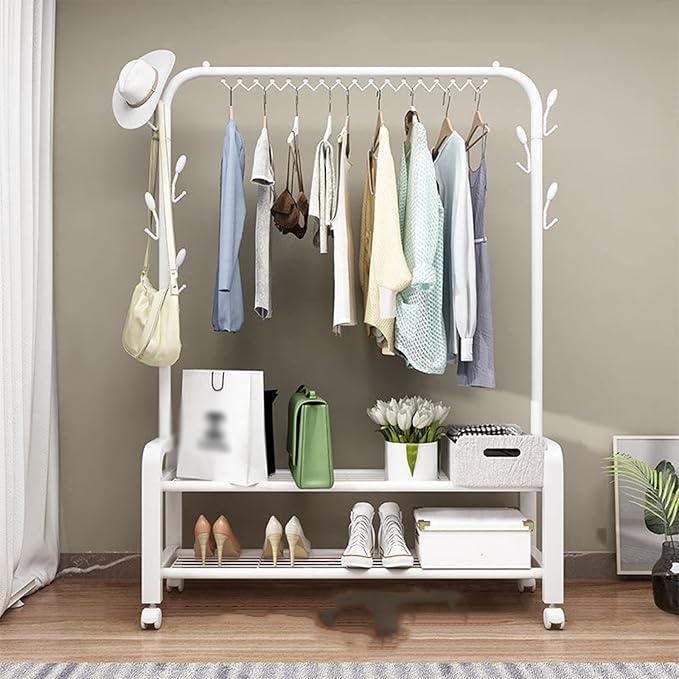 Samostojeći Stalak za Odeću sa Policom za Obuću i 7 Kukica – Metalni Organizator za Garderobu - Topopusti