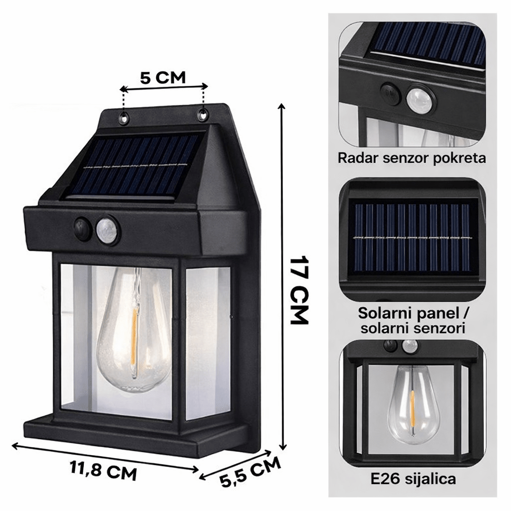 Solarna LED Zidna Lampa – Fenjer sa Senzorom Pokreta i Sijalicom | Spoljna Solar Lampica za Dvorište, Terasu i Fasadu - Topopusti